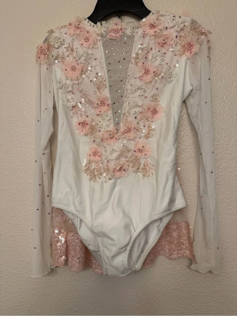 Glamour solo dance costume white lyrical floral lace long sleeve XLC child